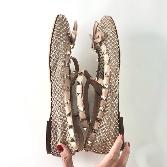 Valentino Rockstud Crystals Mesh Rose Cannelle Calfskin Ballerina Flats 40 - Picture 5 of 12